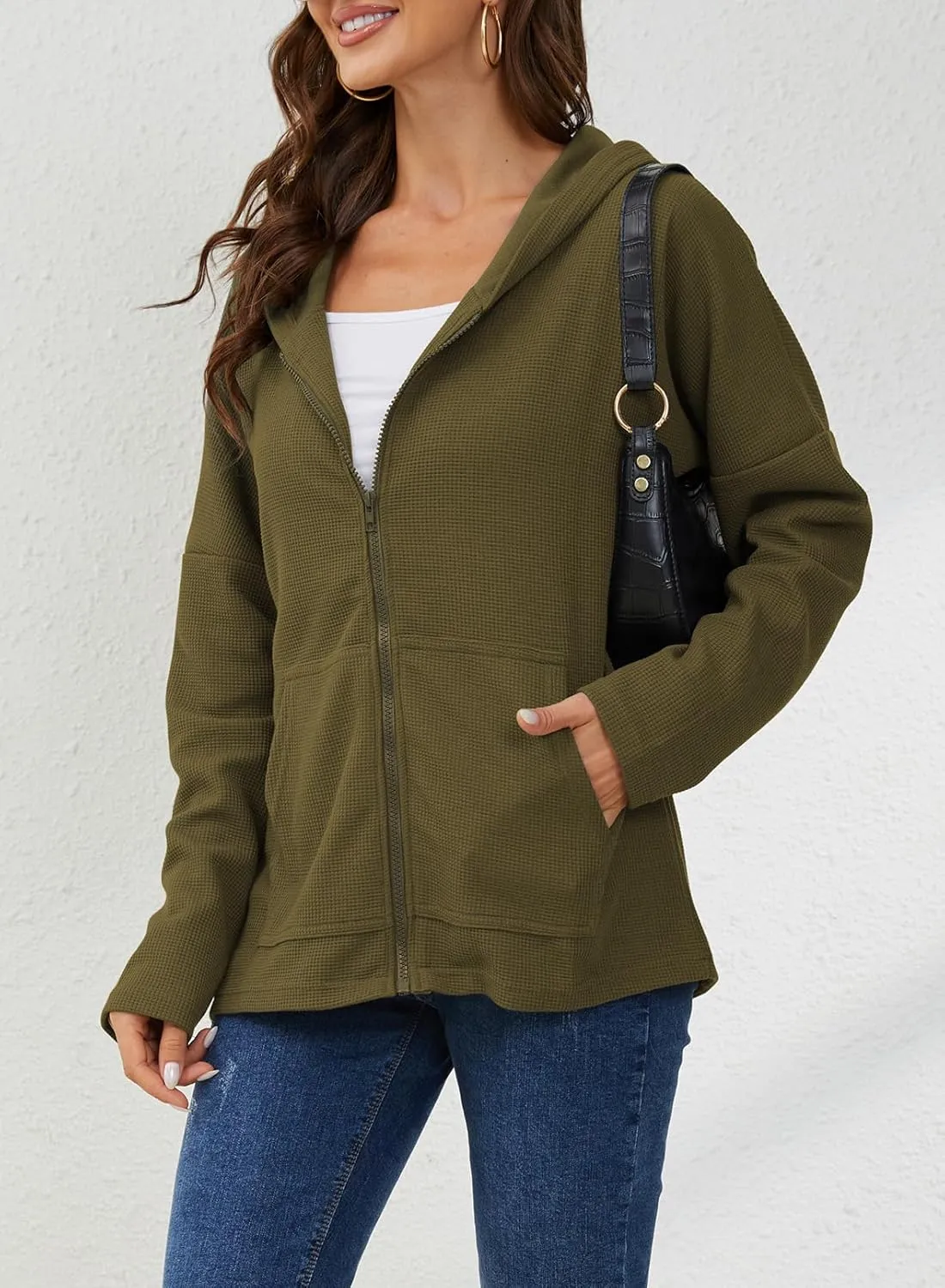 Womens Long Sleeve Ribbed Knit Zip Up Hoodies Sweatshirt