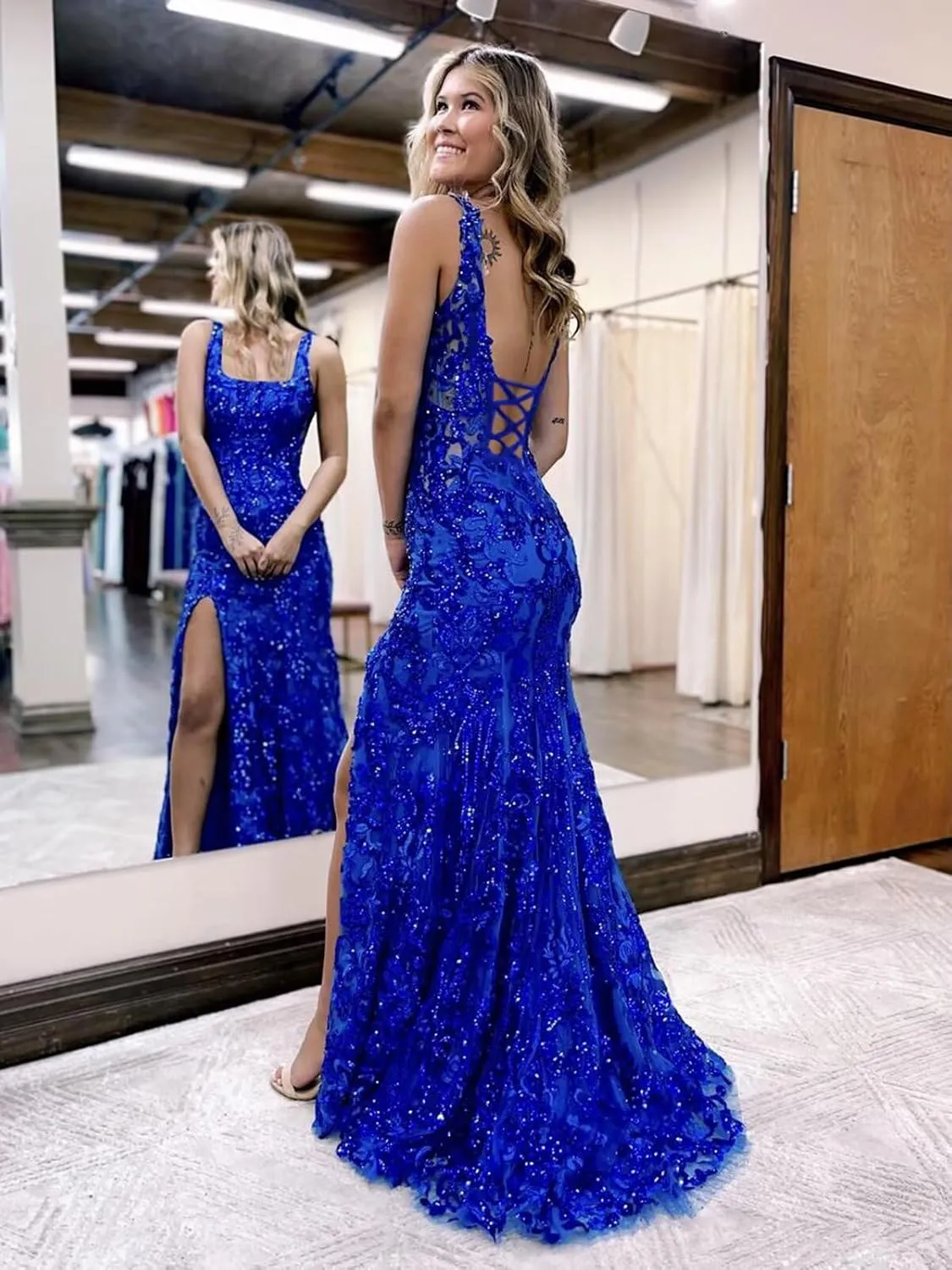 Women's Mermaid Prom Dresses with Slit Sequin Lace Square Neck Corset Formal Dress Long Evening Ball Gown