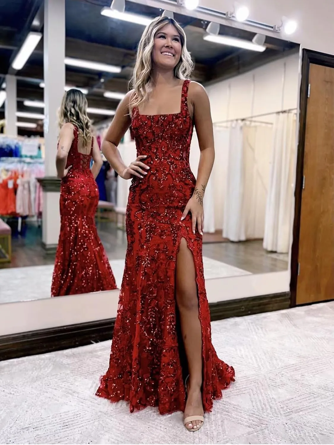 Women's Mermaid Prom Dresses with Slit Sequin Lace Square Neck Corset Formal Dress Long Evening Ball Gown