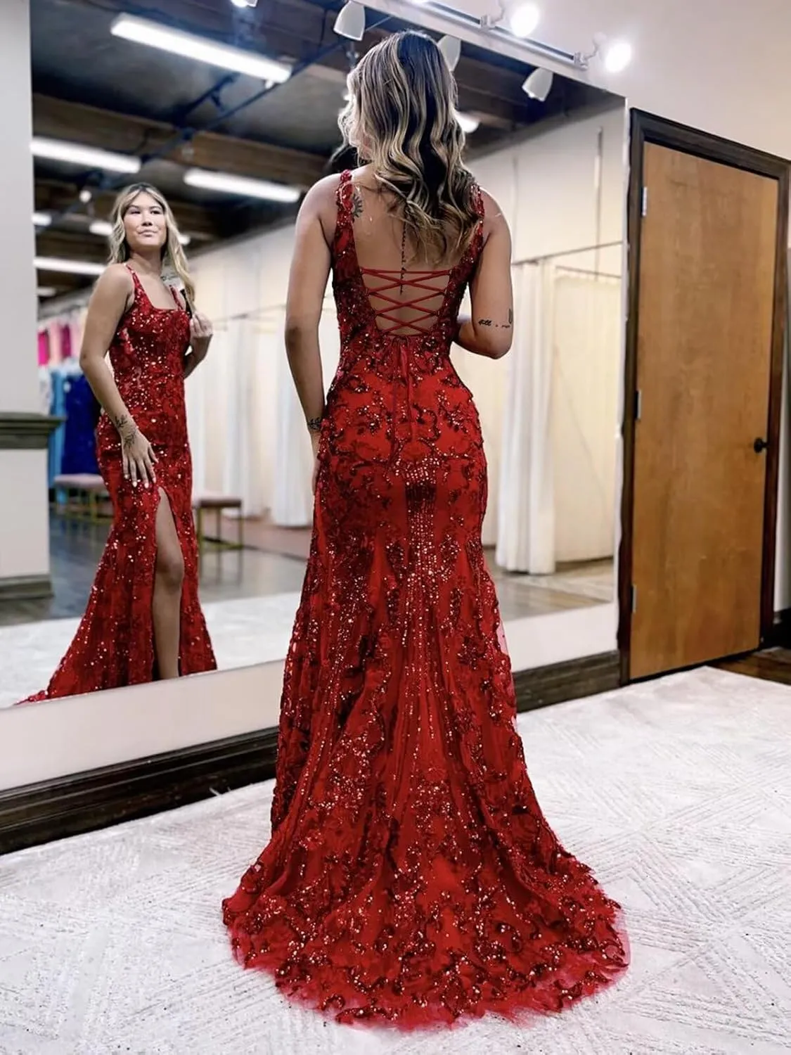 Women's Mermaid Prom Dresses with Slit Sequin Lace Square Neck Corset Formal Dress Long Evening Ball Gown