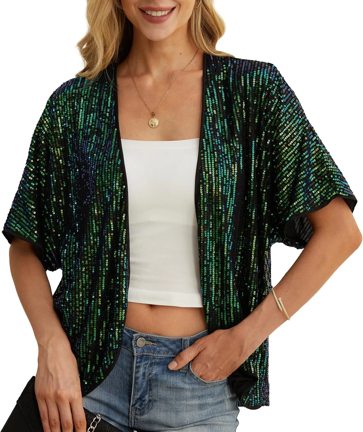 Women's Sequin Sparkle Lightweight Cardigan Casual Party Clubwear Cover Up Glitter Sequin Cardigan