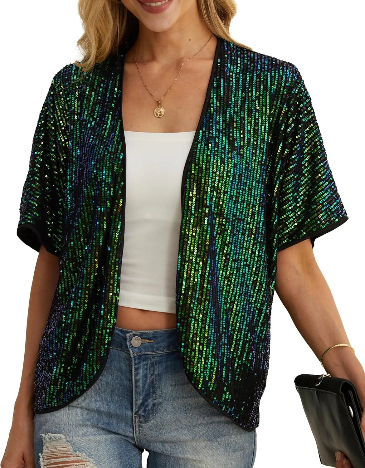 Women's Sequin Sparkle Lightweight Cardigan Casual Party Clubwear Cover Up Glitter Sequin Cardigan