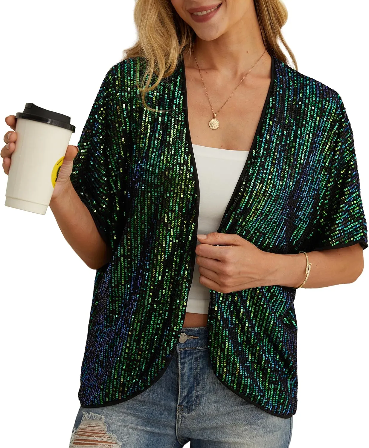 Women's Sequin Sparkle Lightweight Cardigan Casual Party Clubwear Cover Up Glitter Sequin Cardigan
