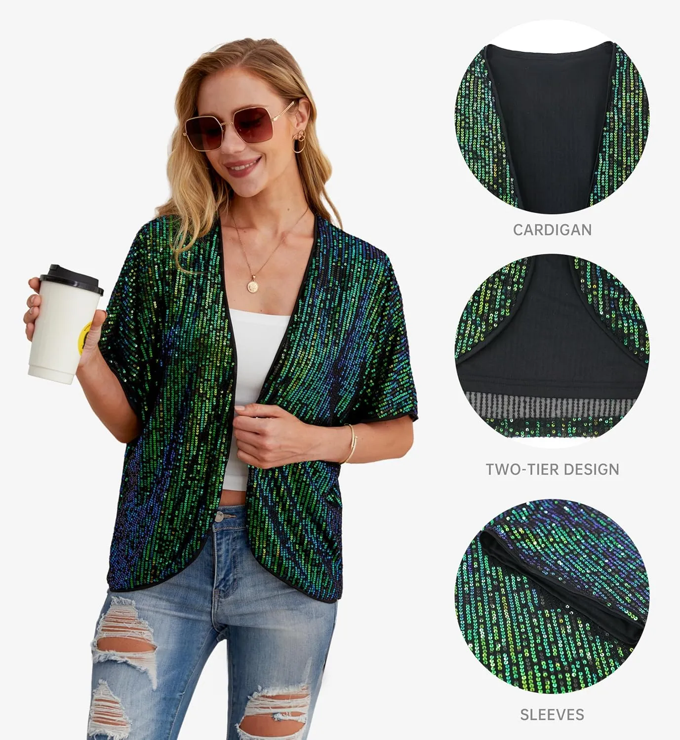 Women's Sequin Sparkle Lightweight Cardigan Casual Party Clubwear Cover Up Glitter Sequin Cardigan
