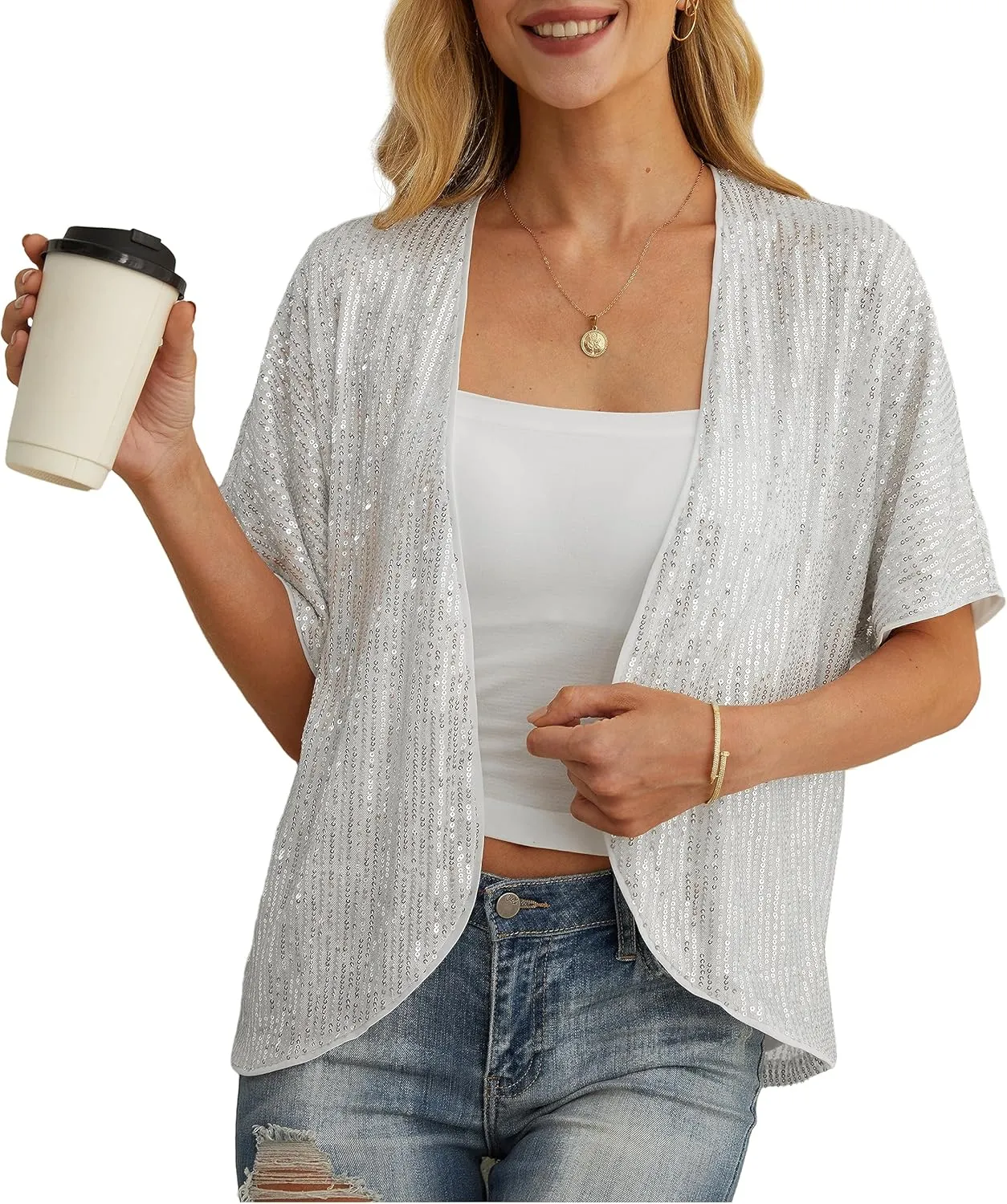 Women's Sequin Sparkle Lightweight Cardigan Casual Party Clubwear Cover Up Glitter Sequin Cardigan