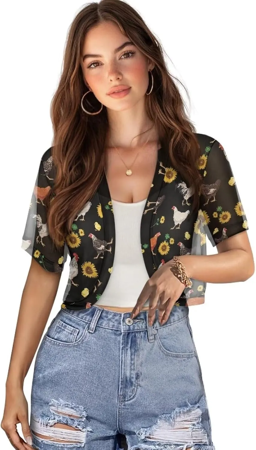Women's Shrug Short Sleeve Open Front Chiffon Sheer Cardigan Lightweight Mesh Cropped Bolero Summer Casual Top