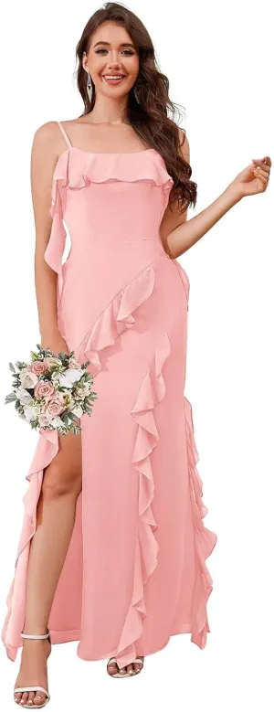 Women's Spaghetti Straps Ruffled Chiffon Bridesmaid Dresses with Slit Long Formal Evening Gown