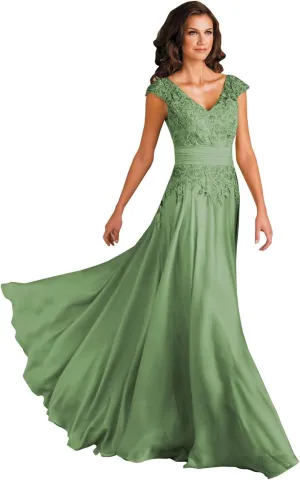 Women's V-Neck A-Line Lace Chiffon Mother of The Bride Dress Long Evening Gown with Pokcets 2023