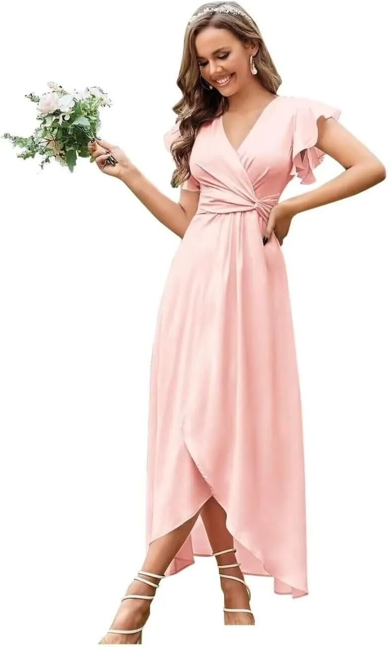 Women's V-Neck Chiffon Bridesmaid Dress 2024 High Low Ruched Prom Dress A Line Short Sleeve Formal Evening Dress