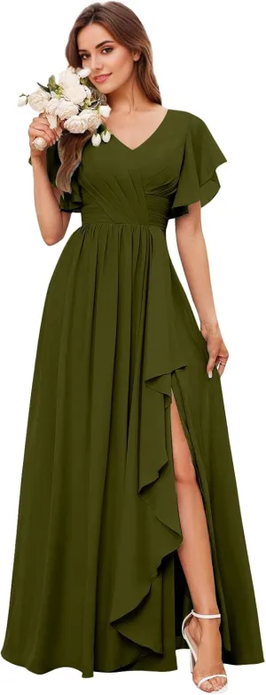 Women's V-Neck Flutter Sleeves Bridesmaid Dress Long Ruffled Chiffon Formal Evening Gowns with Slit