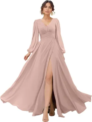 Women's V-Neck Lantern Sleeves Bridesmaid Dress A-Line Pleated Chiffon Maxi Formal Dress NO92