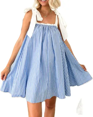 Women's Y2k Floral Print Mini Dress Bow Tie Shoulder Ruffle Babydoll A-Line Sundress Summer Going Out Dress
