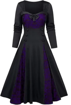 xxxiticat Women's Sequined Midi Dress Long Sleeve Square Neck Galaxy Color Patchwork Pleated Skirt Bow Tie Flare Dresses