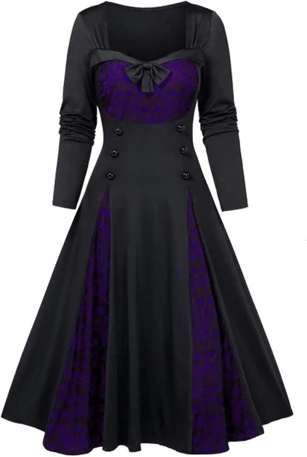 xxxiticat Women's Sequined Midi Dress Long Sleeve Square Neck Galaxy Color Patchwork Pleated Skirt Bow Tie Flare Dresses