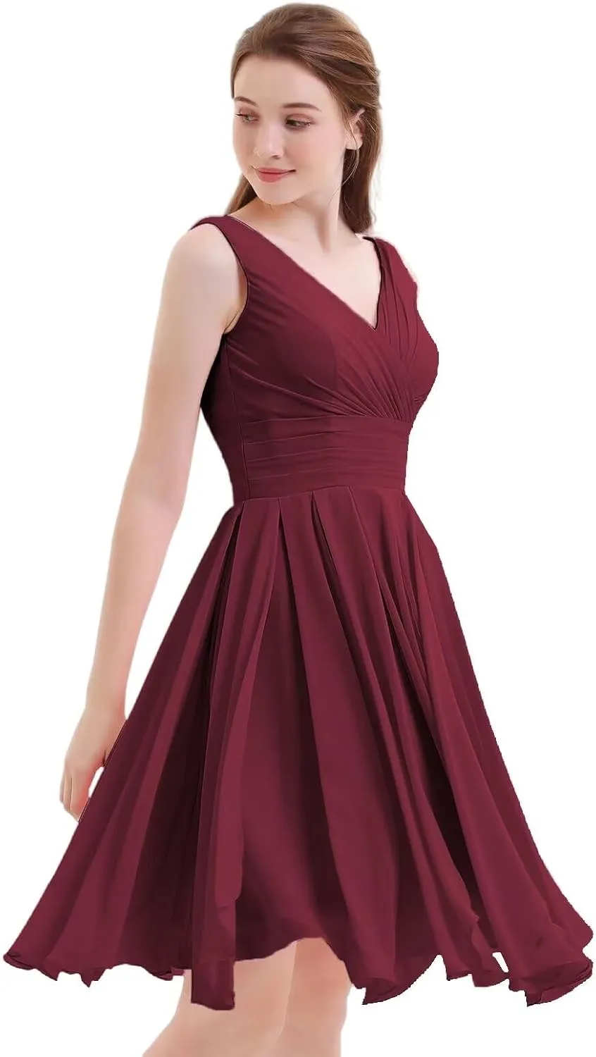 XYAYE V-Neck Ruched Short Bridesmaid Dresses for Women Knee Length Chiffon Pleated Formal Maxi Dresses with Pockets XY040