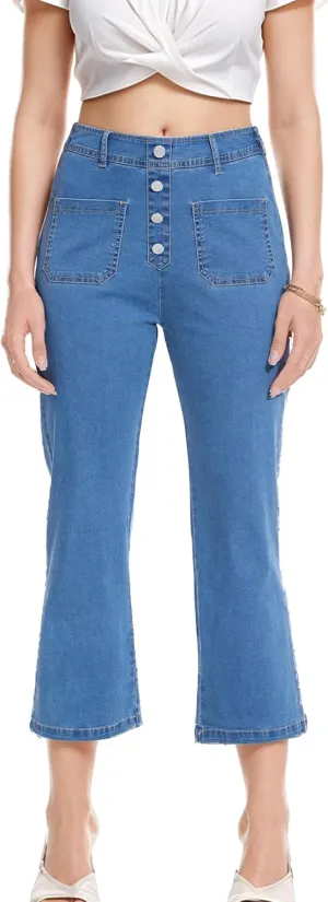 YOCUR Womens Lightweight Elastic Waist Denim Ankle Pants High Waisted Wide Leg Jeans 4 Pocket Button Casual Trousers