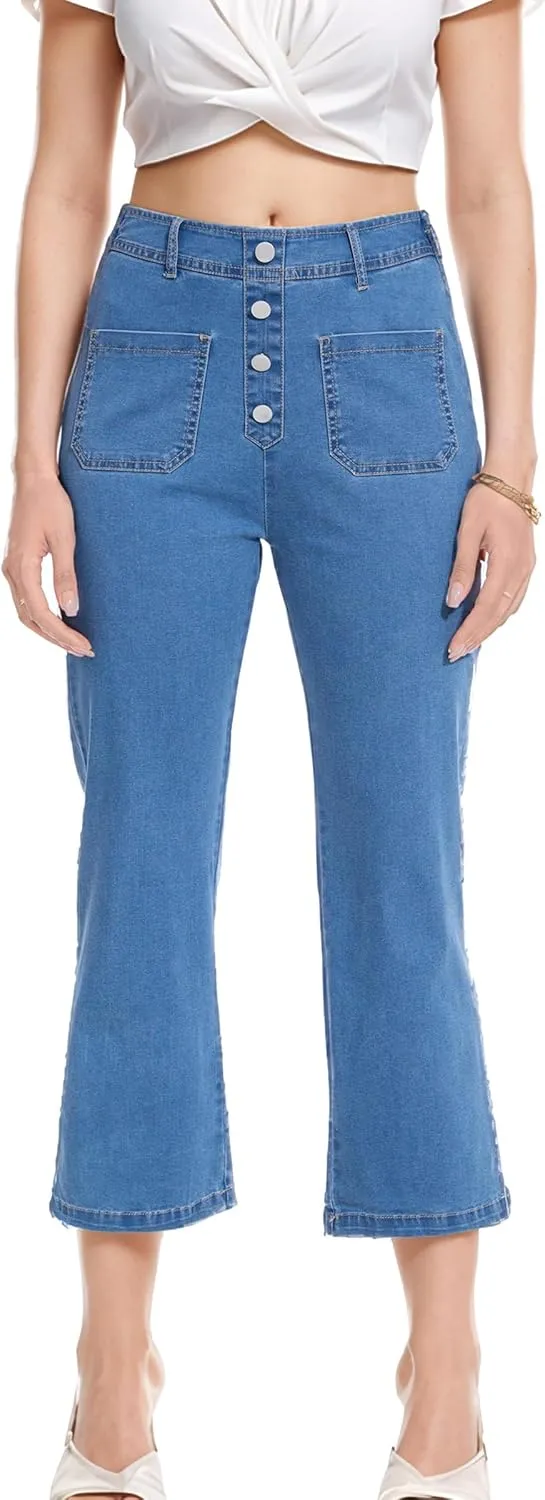 YOCUR Womens Lightweight Elastic Waist Denim Ankle Pants High Waisted Wide Leg Jeans 4 Pocket Button Casual Trousers