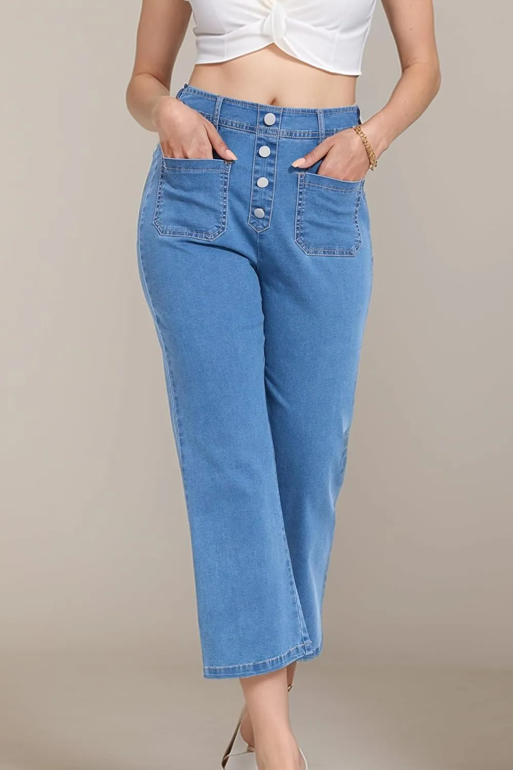 YOCUR Womens Lightweight Elastic Waist Denim Ankle Pants High Waisted Wide Leg Jeans 4 Pocket Button Casual Trousers
