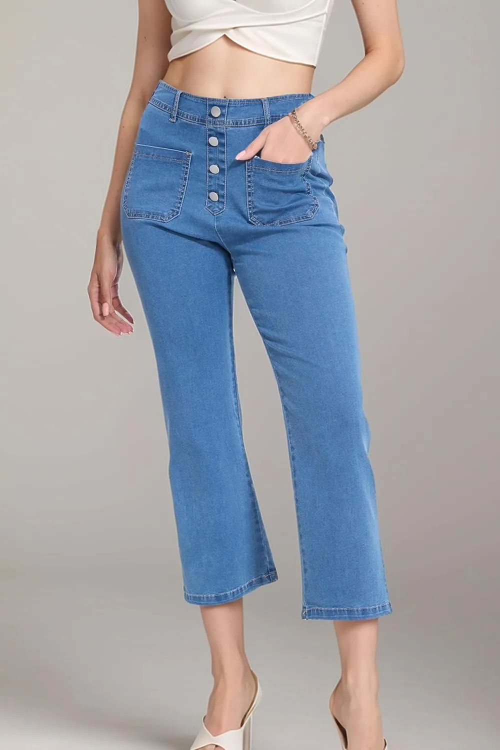 YOCUR Womens Lightweight Elastic Waist Denim Ankle Pants High Waisted Wide Leg Jeans 4 Pocket Button Casual Trousers