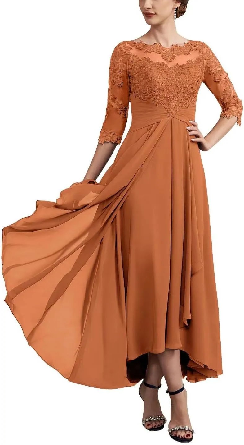 Yuxin Half Sleeve Tea Length Mother of The Bride Dresses for Wedding Lace Chiffon Formal Evening Party Gowns 820