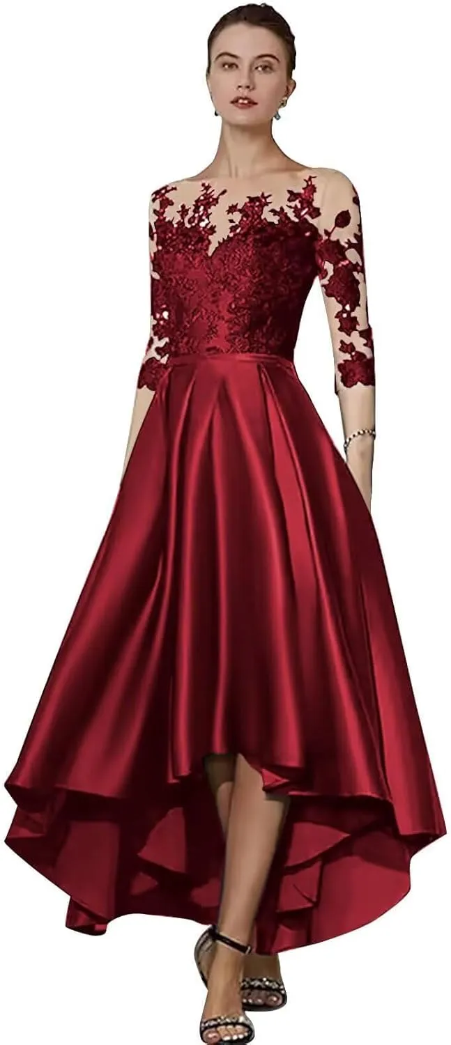 Yuxin High Low Mother of The Bride Dresses with Pocket for Wedding 2025 3/4 Sleeve Lace Satin Formal Evening Gowns 895