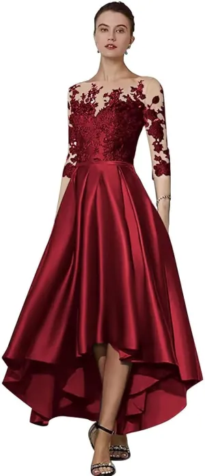 Yuxin High Low Mother of The Bride Dresses with Pocket for Wedding 2025 3/4 Sleeve Lace Satin Formal Evening Gowns 895