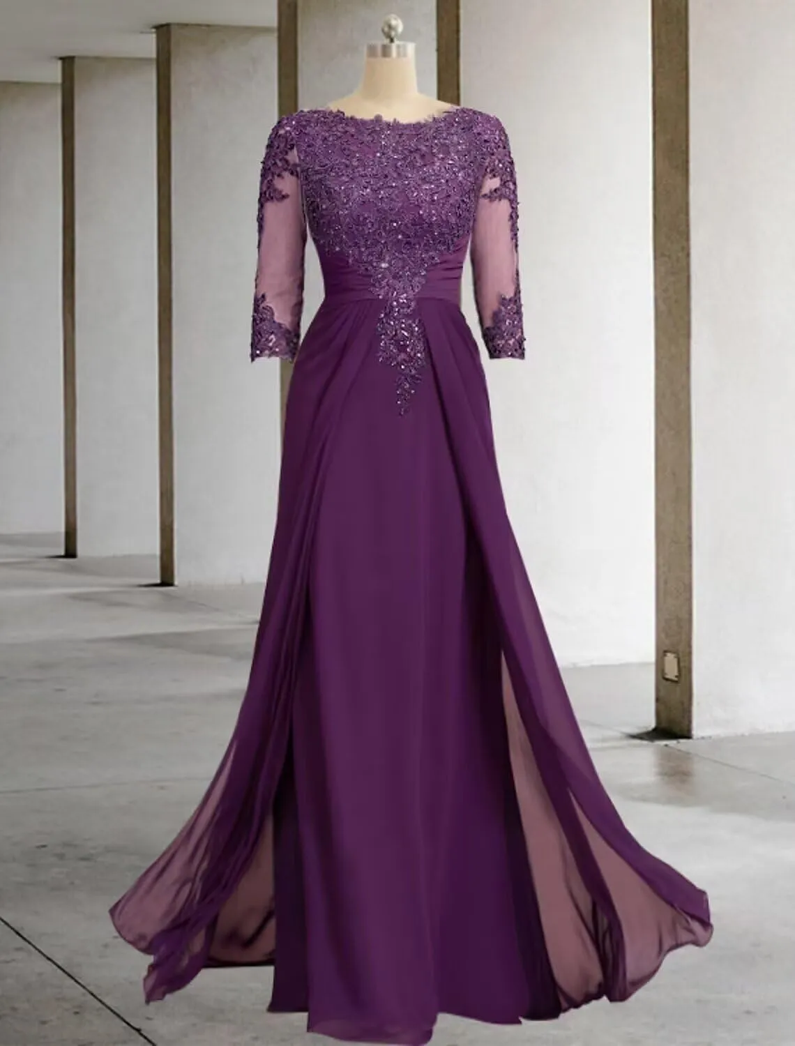 Yuxin Mother of The Bride Dresses for Wedding 3/4 Sleeve Chiffon Long Lace Sequin Formal Evening Gowns for Women 955