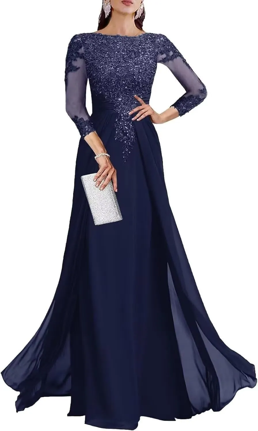 Yuxin Mother of The Bride Dresses for Wedding 3/4 Sleeve Chiffon Long Lace Sequin Formal Evening Gowns for Women 955