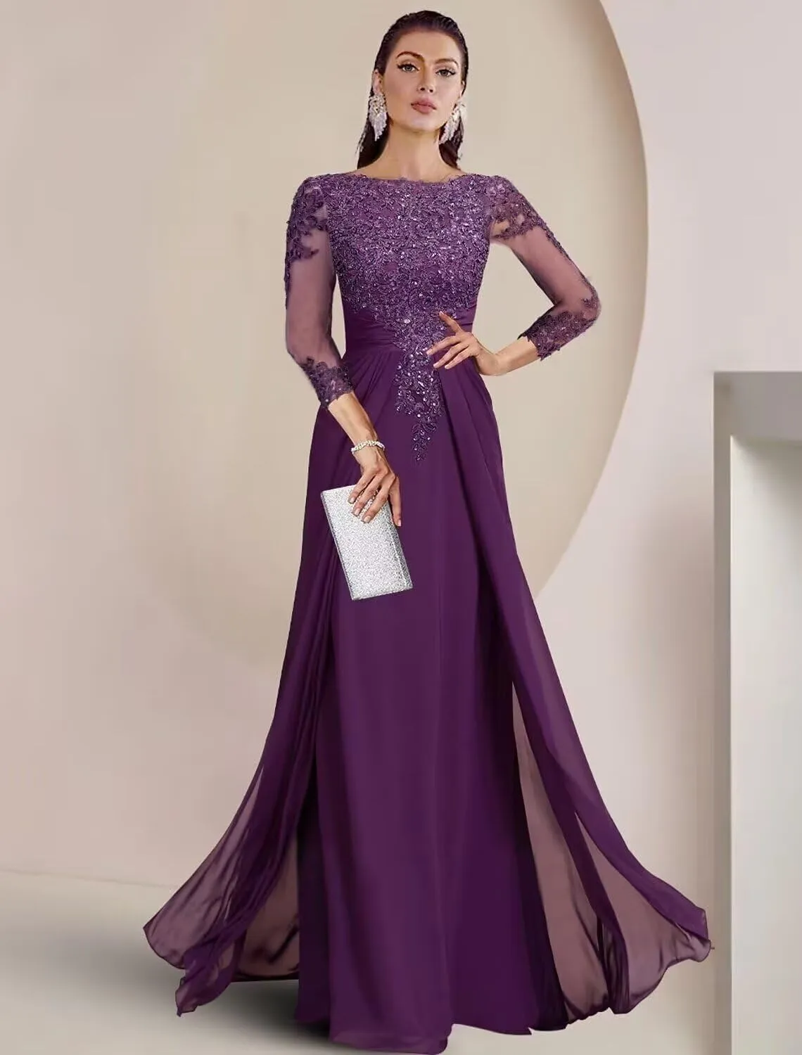 Yuxin Mother of The Bride Dresses for Wedding 3/4 Sleeve Chiffon Long Lace Sequin Formal Evening Gowns for Women 955