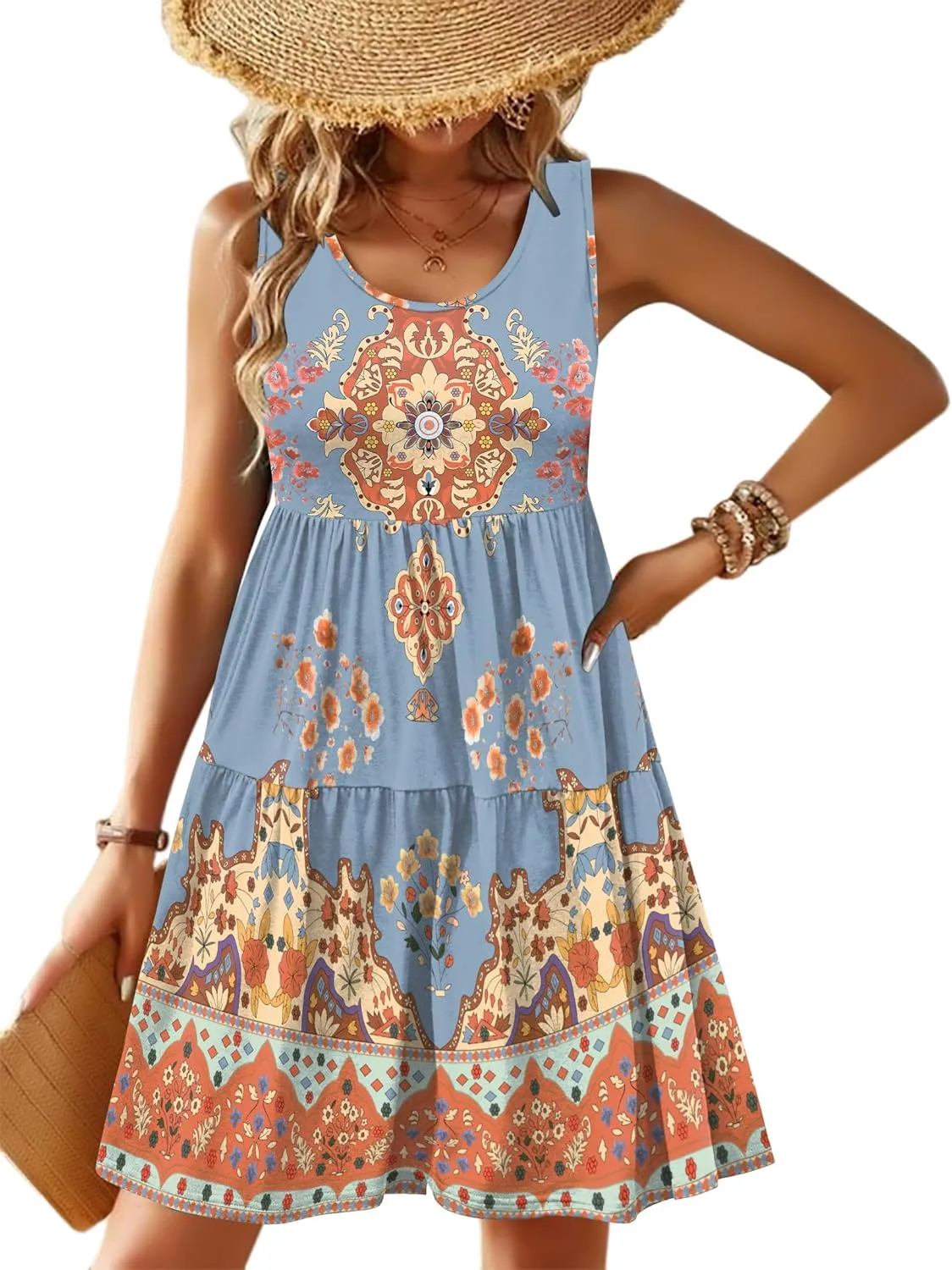 Zeagoo Womens Summer Sundress Boho Floral Casual Tank Dresses with Pockets Sleeveless Tiered Swing A Line Beach Dress