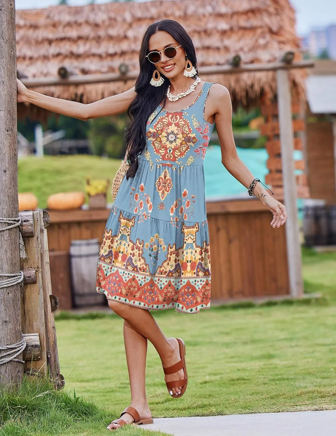 Zeagoo Womens Summer Sundress Boho Floral Casual Tank Dresses with Pockets Sleeveless Tiered Swing A Line Beach Dress