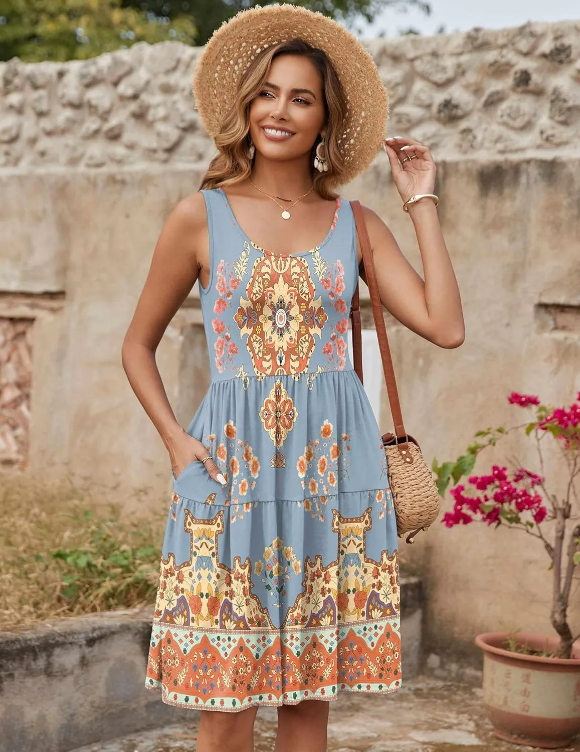 Zeagoo Womens Summer Sundress Boho Floral Casual Tank Dresses with Pockets Sleeveless Tiered Swing A Line Beach Dress