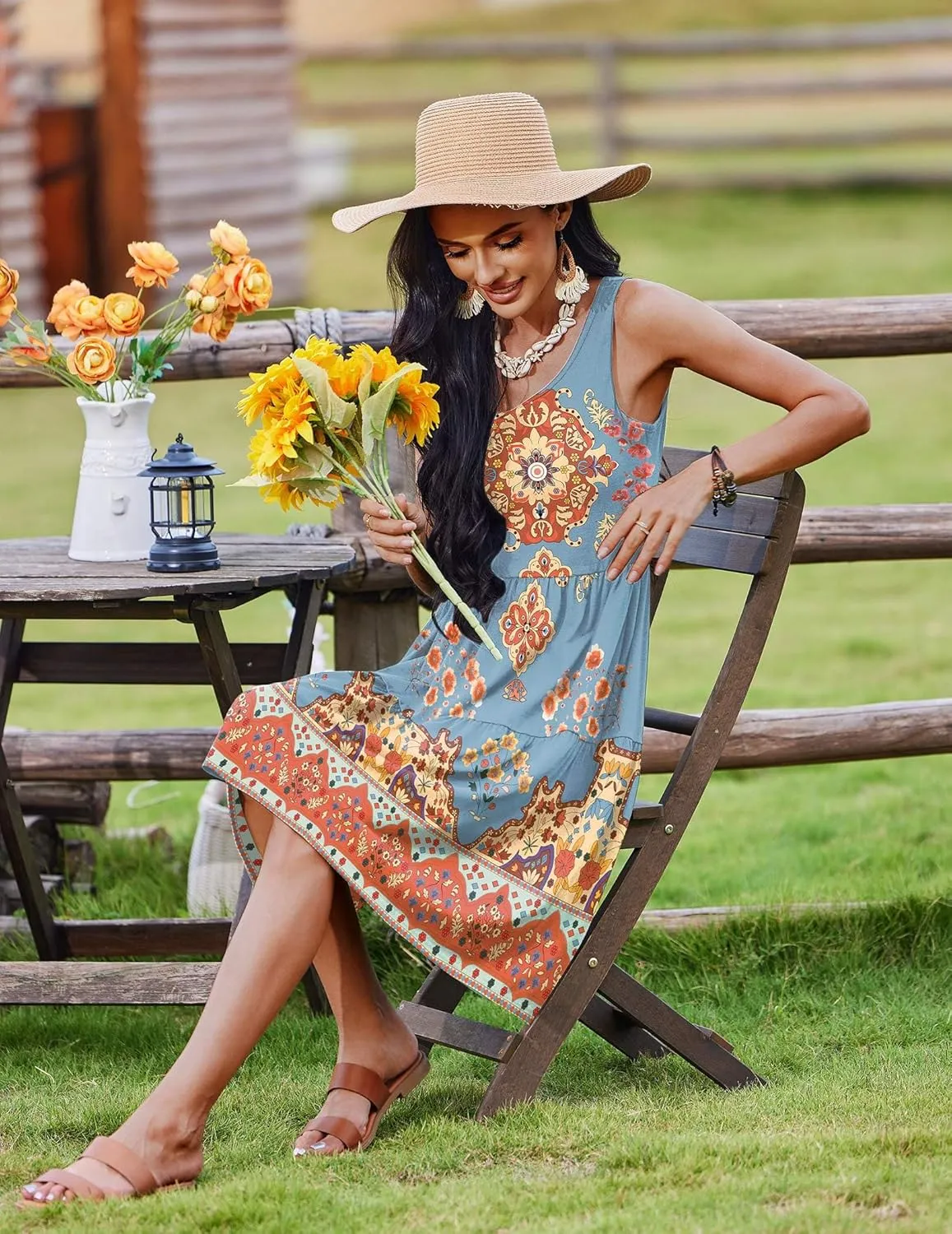 Zeagoo Womens Summer Sundress Boho Floral Casual Tank Dresses with Pockets Sleeveless Tiered Swing A Line Beach Dress