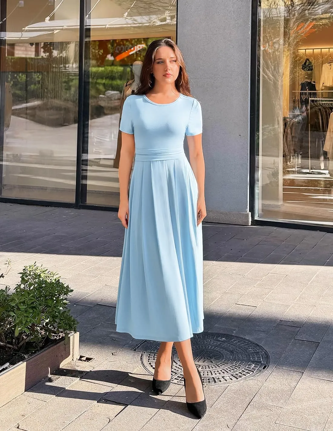 ZESICA Women's Summer Short Sleeve Maxi Dress 2025 Casual Crewneck Pleated A Line Flowy Long Dresses with Pockets