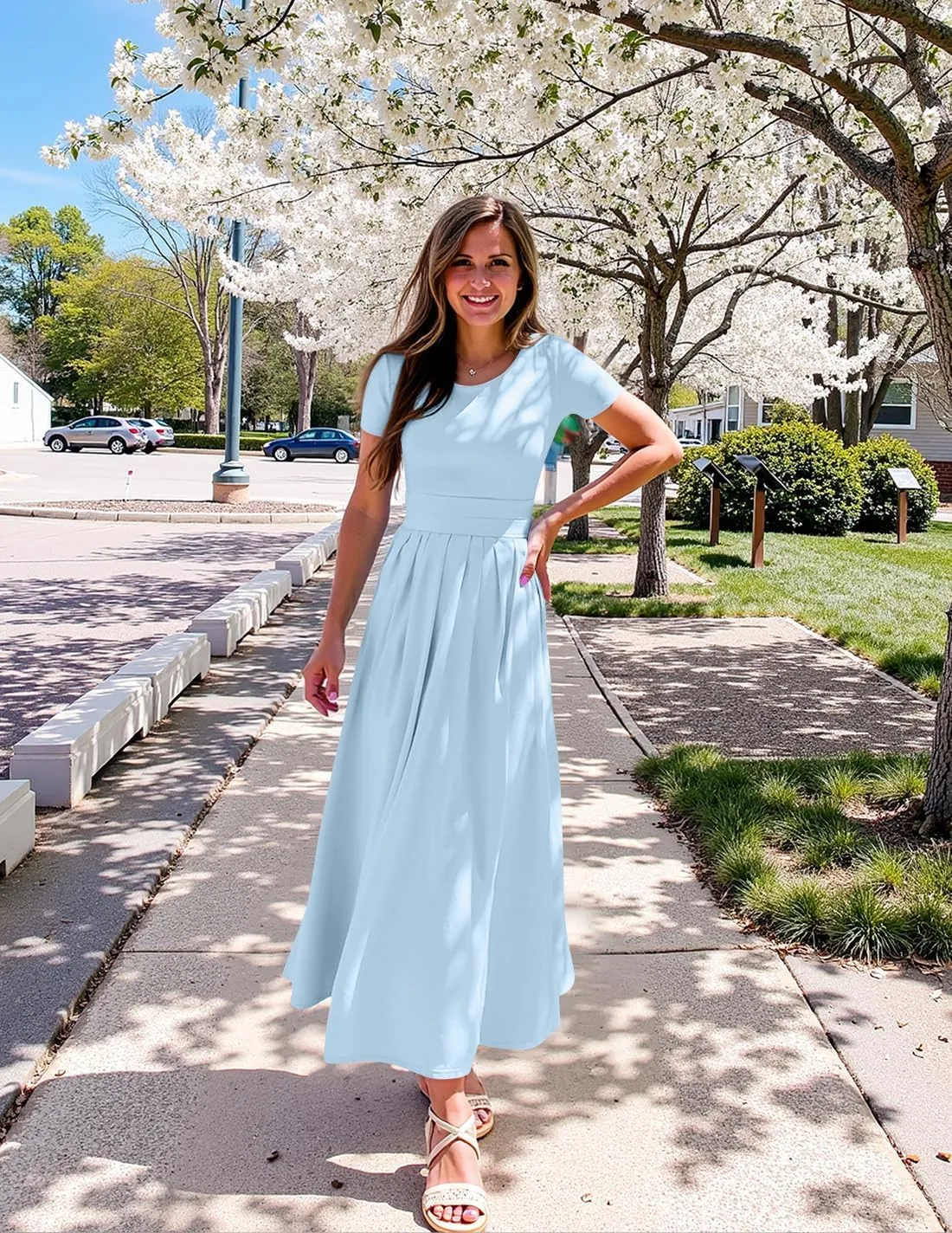 ZESICA Women's Summer Short Sleeve Maxi Dress 2025 Casual Crewneck Pleated A Line Flowy Long Dresses with Pockets