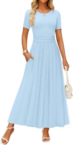 ZESICA Women's Summer Short Sleeve Maxi Dress 2025 Casual Crewneck Pleated A Line Flowy Long Dresses with Pockets