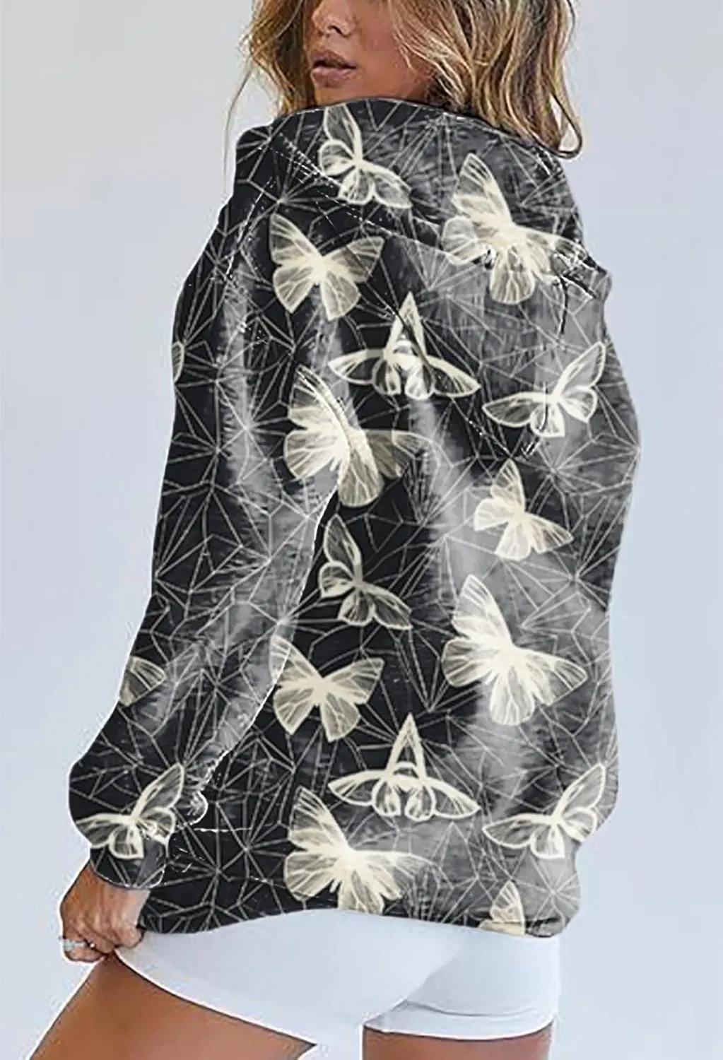 Zip Up Hoodie Women Butterfly Printed Oversized Hooded Sweatshirt Y2K Outwear Jacket Coat for Girls Fall Winter