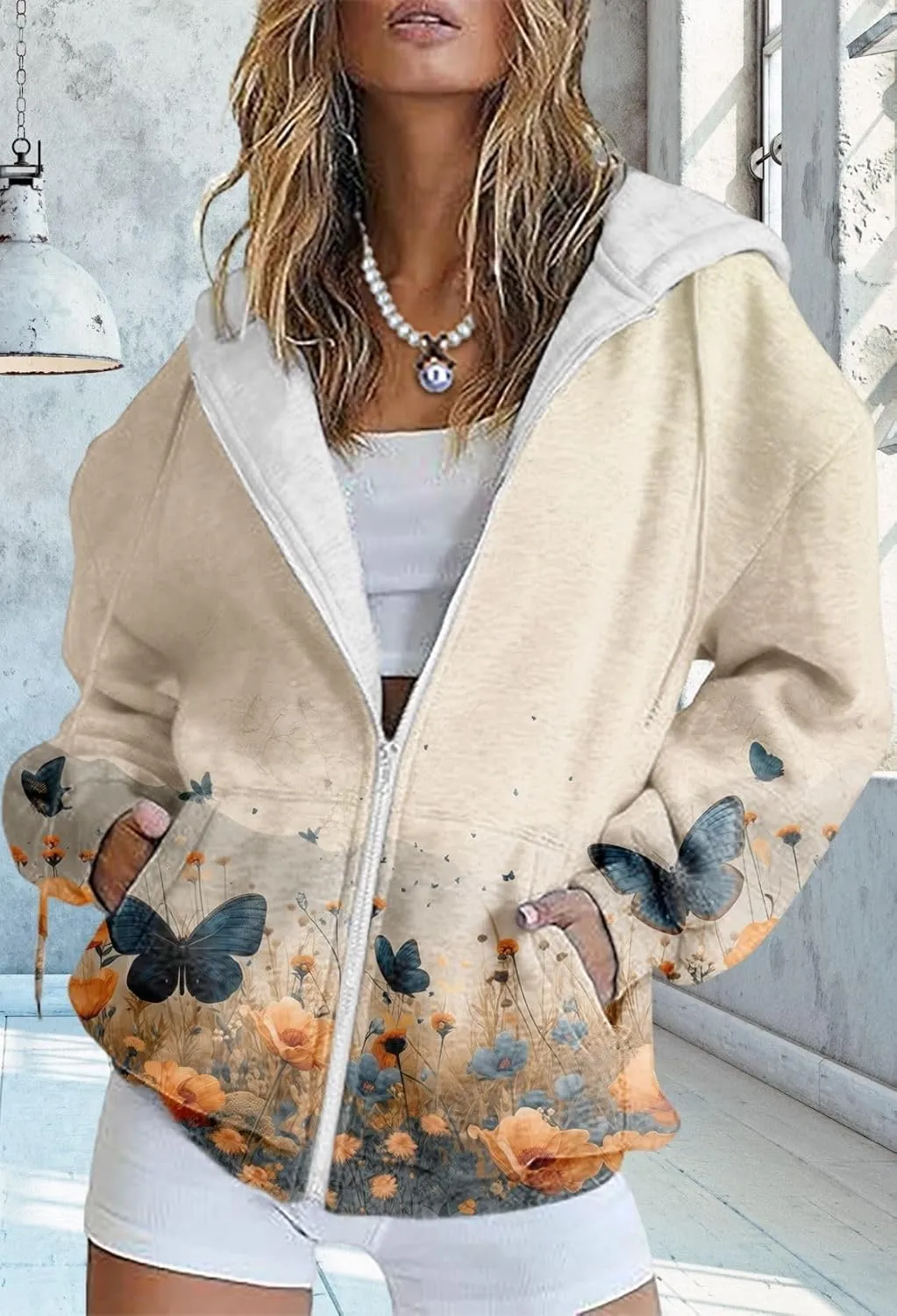Zip Up Hoodie Women Butterfly Printed Oversized Hooded Sweatshirt Y2K Outwear Jacket Coat for Girls Fall Winter
