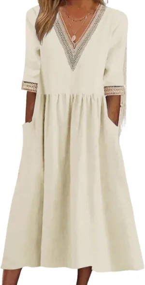 ZOCAVIA Women's Short Sleeve Cotton Linen Midi Dress 2025 Summer V Neck Button Down Shirt Dress Casual Sundress with Pockets