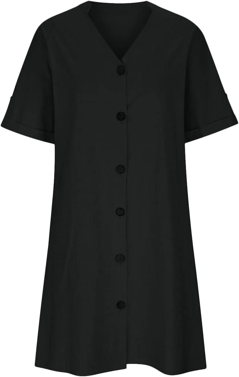 ZOCAVIA Women's Short Sleeve Cotton Linen Midi Dress 2025 Summer V Neck Button Down Shirt Dress Casual Sundress with Pockets