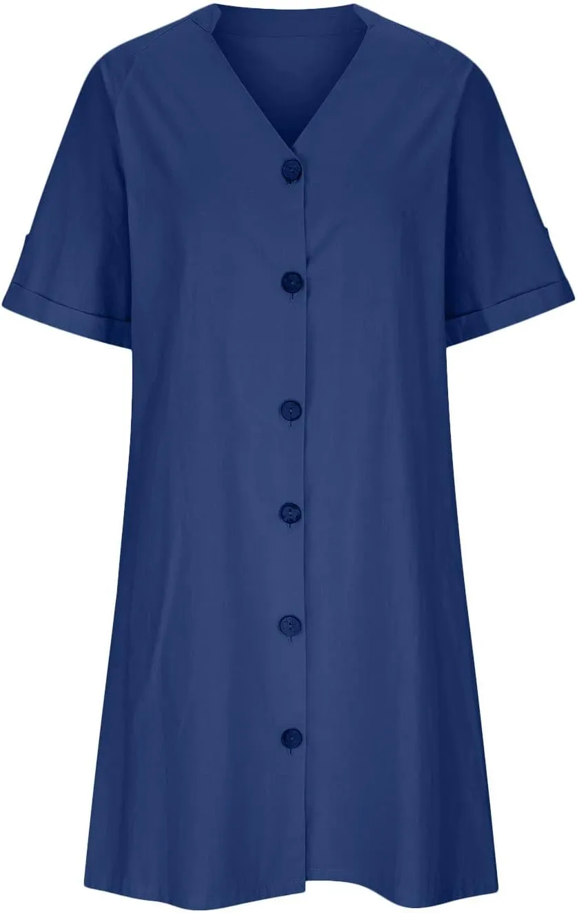 ZOCAVIA Women's Short Sleeve Cotton Linen Midi Dress 2025 Summer V Neck Button Down Shirt Dress Casual Sundress with Pockets