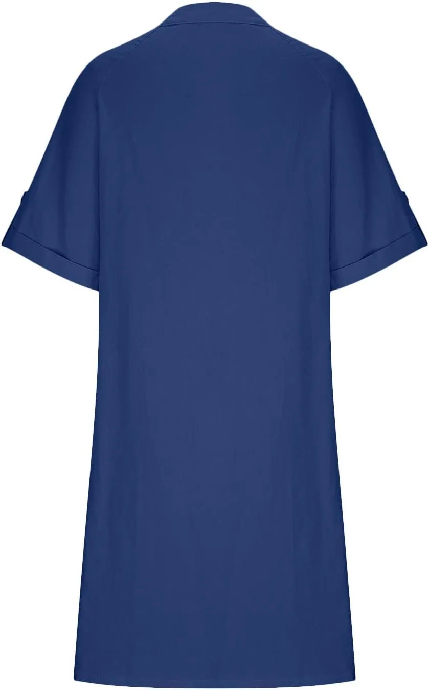ZOCAVIA Women's Short Sleeve Cotton Linen Midi Dress 2025 Summer V Neck Button Down Shirt Dress Casual Sundress with Pockets
