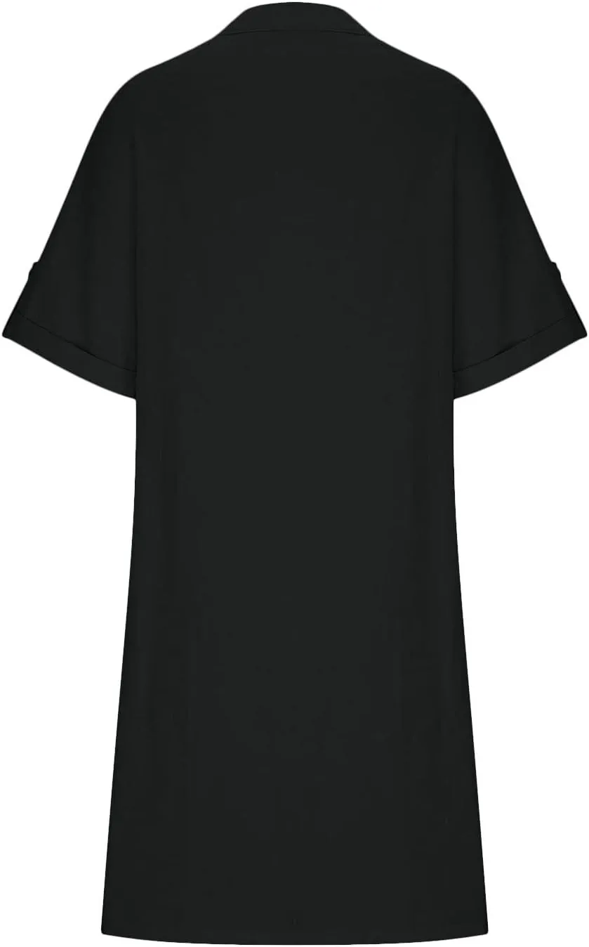 ZOCAVIA Women's Short Sleeve Cotton Linen Midi Dress 2025 Summer V Neck Button Down Shirt Dress Casual Sundress with Pockets