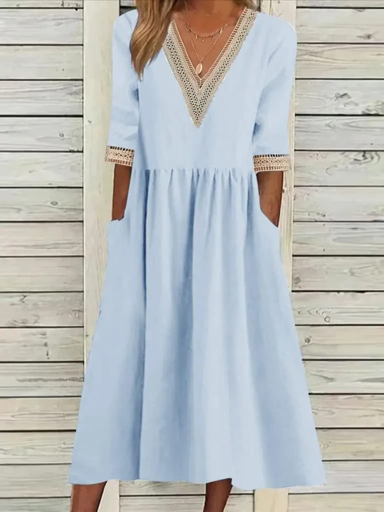 ZOCAVIA Women's Short Sleeve Cotton Linen Midi Dress 2025 Summer V Neck Button Down Shirt Dress Casual Sundress with Pockets