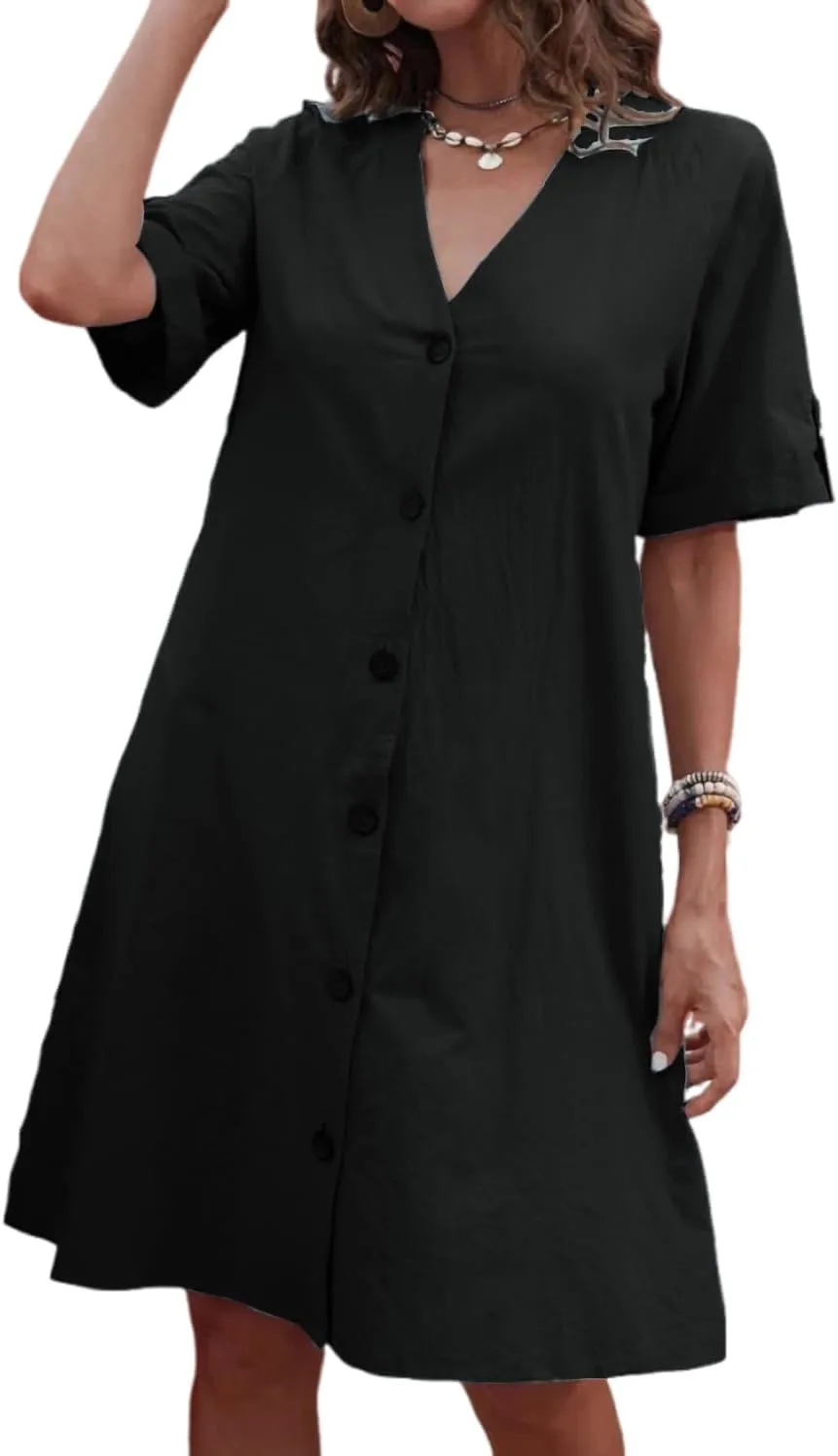 ZOCAVIA Women's Short Sleeve Cotton Linen Midi Dress 2025 Summer V Neck Button Down Shirt Dress Casual Sundress with Pockets