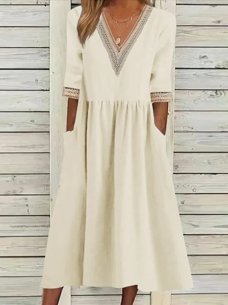 ZOCAVIA Women's Short Sleeve Cotton Linen Midi Dress 2025 Summer V Neck Button Down Shirt Dress Casual Sundress with Pockets