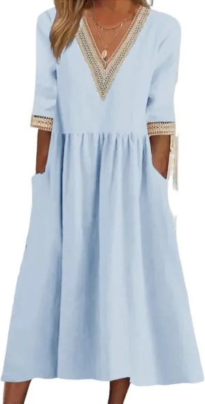 ZOCAVIA Women's Short Sleeve Cotton Linen Midi Dress 2025 Summer V Neck Button Down Shirt Dress Casual Sundress with Pockets