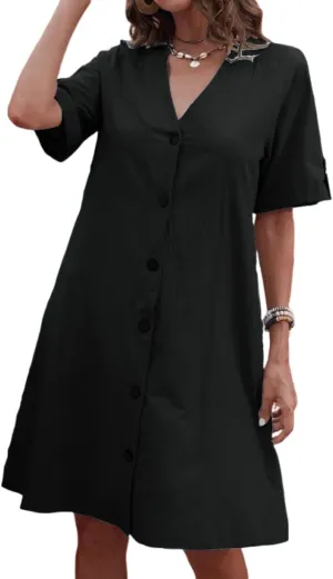 ZOCAVIA Women's Short Sleeve Cotton Linen Midi Dress 2025 Summer V Neck Button Down Shirt Dress Casual Sundress with Pockets