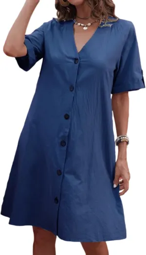 ZOCAVIA Women's Short Sleeve Cotton Linen Midi Dress 2025 Summer V Neck Button Down Shirt Dress Casual Sundress with Pockets
