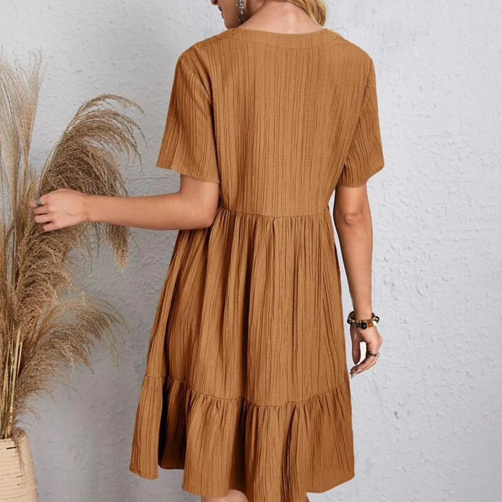 ZOCAVIA Womens Short Sleeve Mini Dress Summer V Neck Tiered Smocked A Line Dress Cute Babydoll Dress Spring Swing Dress